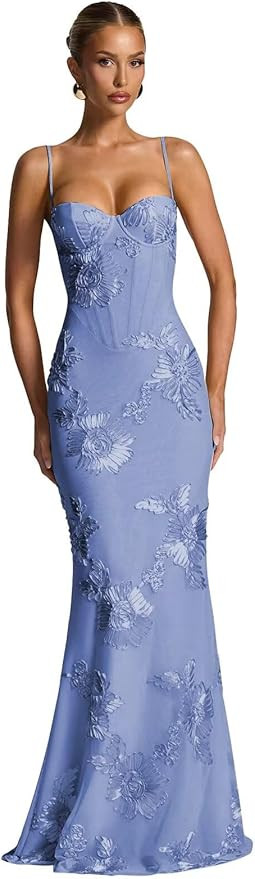 Spaghetti Straps Mermaid Prom Dress 2026 Floral Embroidery Long Corset Formal Evening Gowns | Amazon (US)
