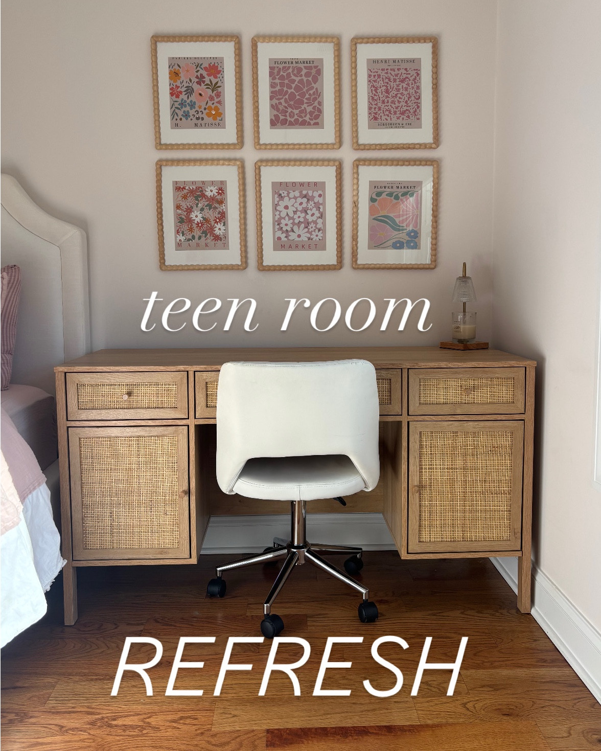 Freshened up my teenage daughters room foe a bright space for her to do schoolwork and relax   The wall color is a soft pink- Vintage Taupe by BM  