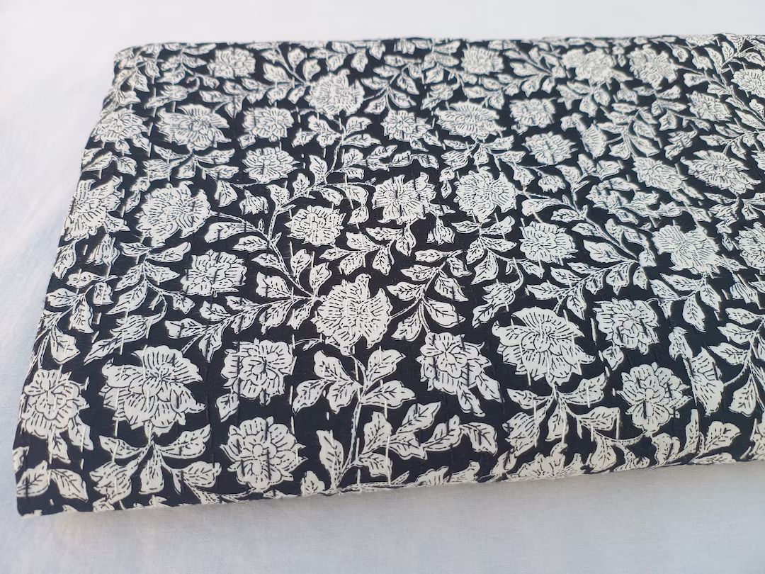 Elisa Kantha Quilt Handblock Print Black& white floral Kantha Indian Netural Colour Indian inspir... | Etsy (US)