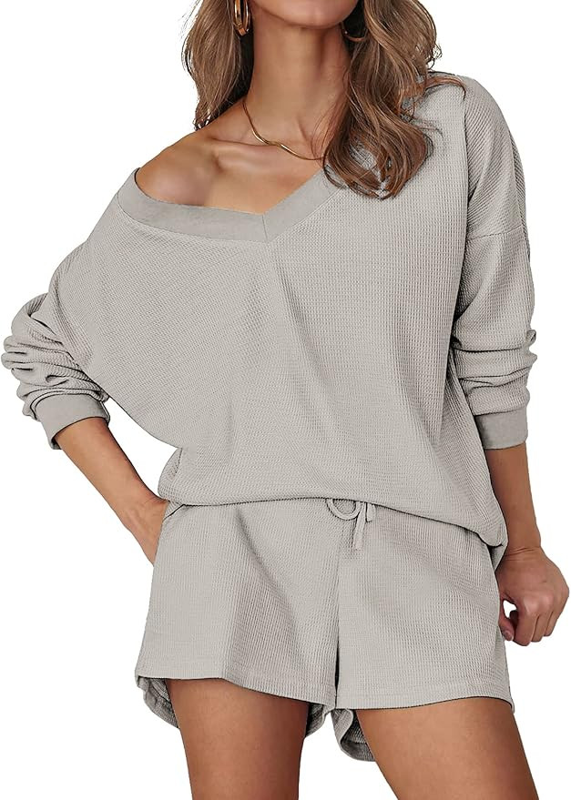 Ekouaer Womens Off Shoulder Lounge Set V Neck Waffle Knit Pajama Sets Long Sleeve Top and Shorts ... | Amazon (US)