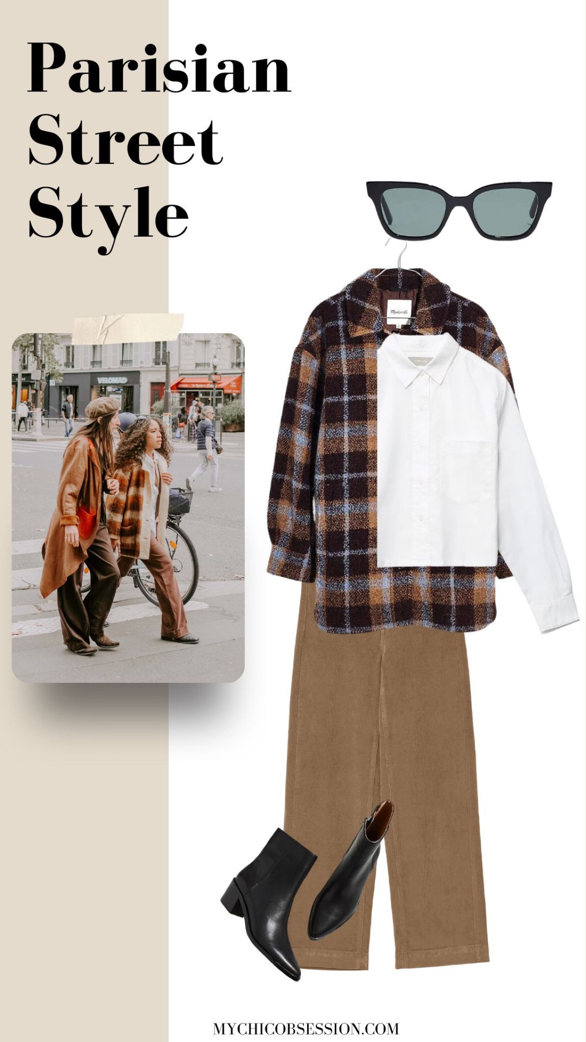 Play with plaids to recreate this Parisian street style look. Pair a plaid shacket with corduroy pants, a white Oxford button down and sunglasses for a fall day on the town.

#LTKstyletip #LTKSeasonal