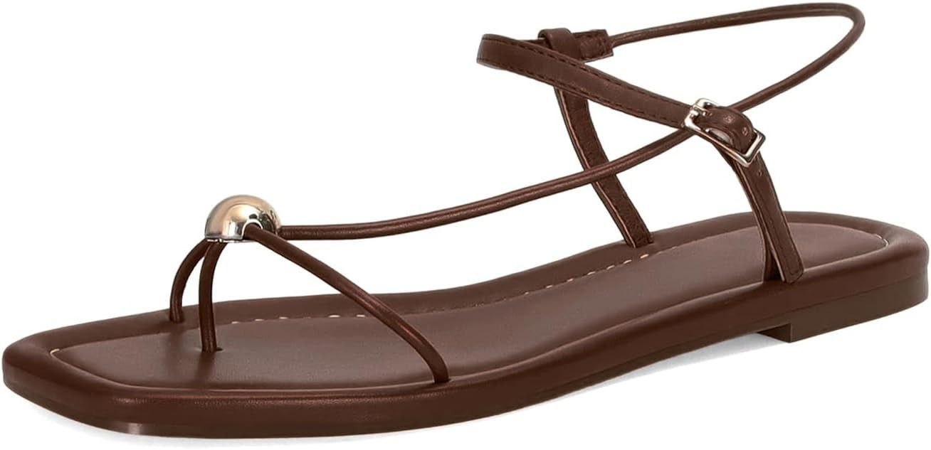 Strappy Flat Sandals for Women Comfortable Open Square Toe Sandals Dressy Beach Thong Flip Flop S... | Amazon (US)