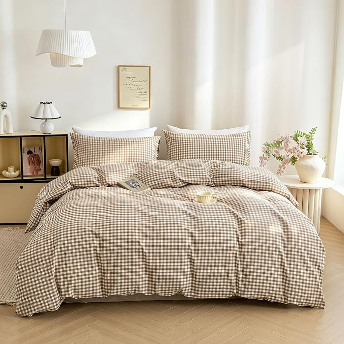 Mucalis Tan Gingham Duvet Cover King 100% Washed Cotton Beige Brown Plaid Checkered Duvet Cover S... | Amazon (US)