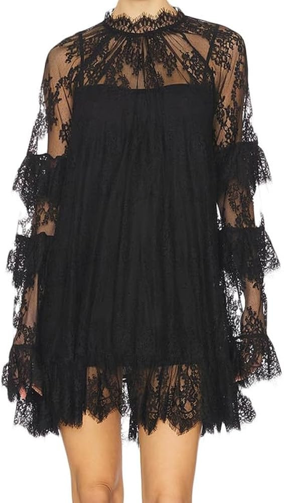 Women See Through Long Sleeve Lace Mini Dress Ruffle Layered Sheer Lace Short Dresses Sexy Going ... | Amazon (US)