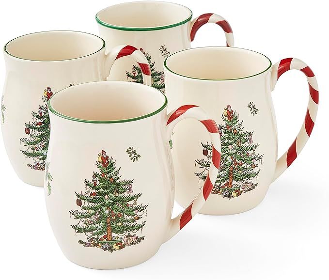 Spode Christmas Three Mug with Peppermint handle | Set of 4 Mugs with Christmas tree design for C... | Amazon (US)