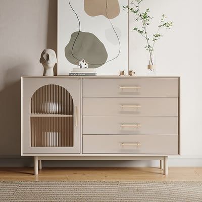 55" Beige Sideboard Buffet with Drawers & Glass Door Storage Cabinet | Homary | Homary