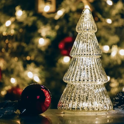 Silver Mercury Glass Christmas Tree with Fairy Lights Timer Battery Operated Xmas Tree Tabletop Centerpiece Holiday Party Mantel Windowsill Home Decoration, 8 Inch | Amazon (US)