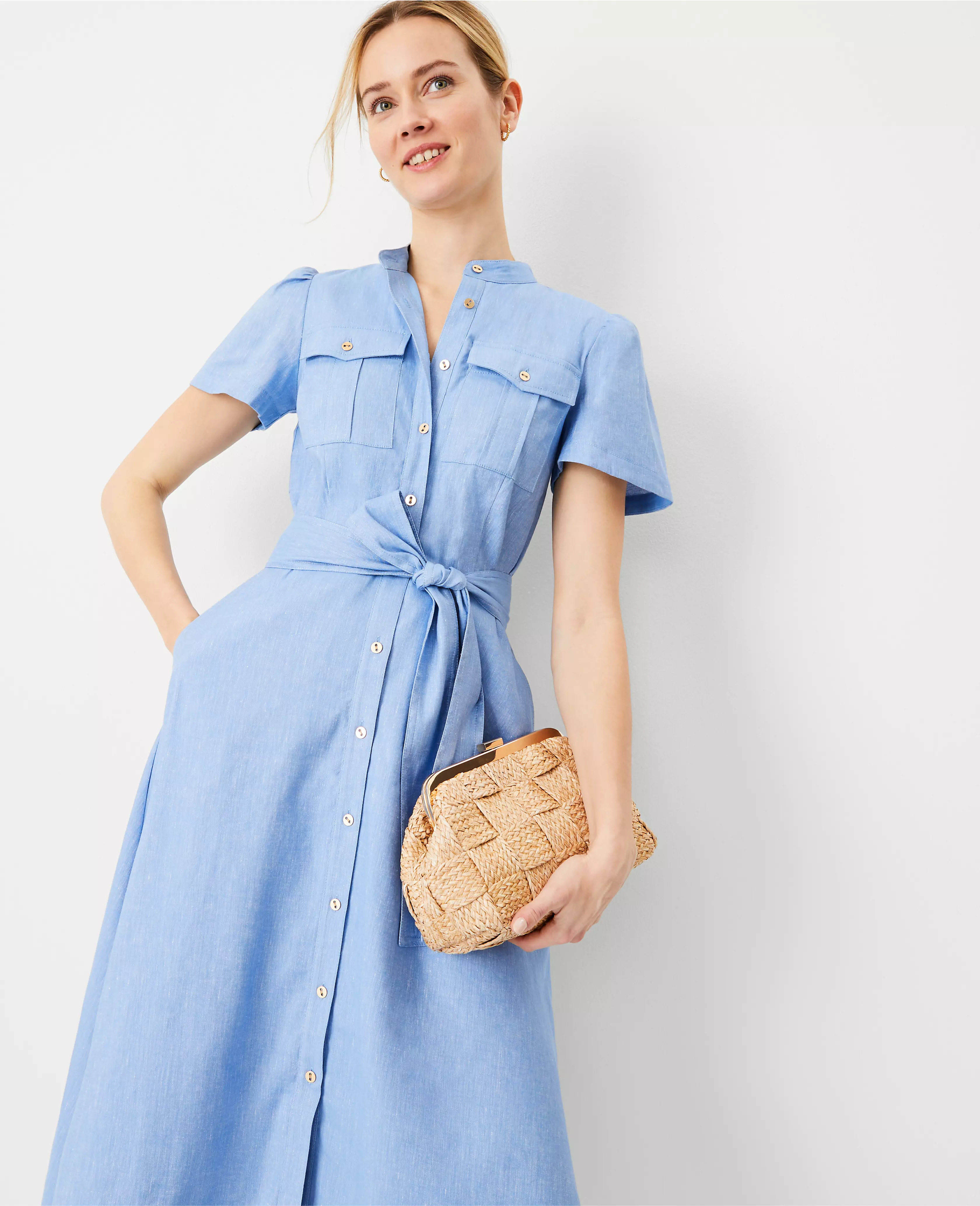 Chambray Linen Blend Midi Pocket Shirtdress | Ann Taylor (US)