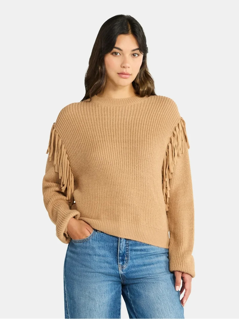 Time and Tru Women's Fringe Pullover Sweater, Midweight, Sizes XS-XXXL - Walmart.com | Walmart (US)