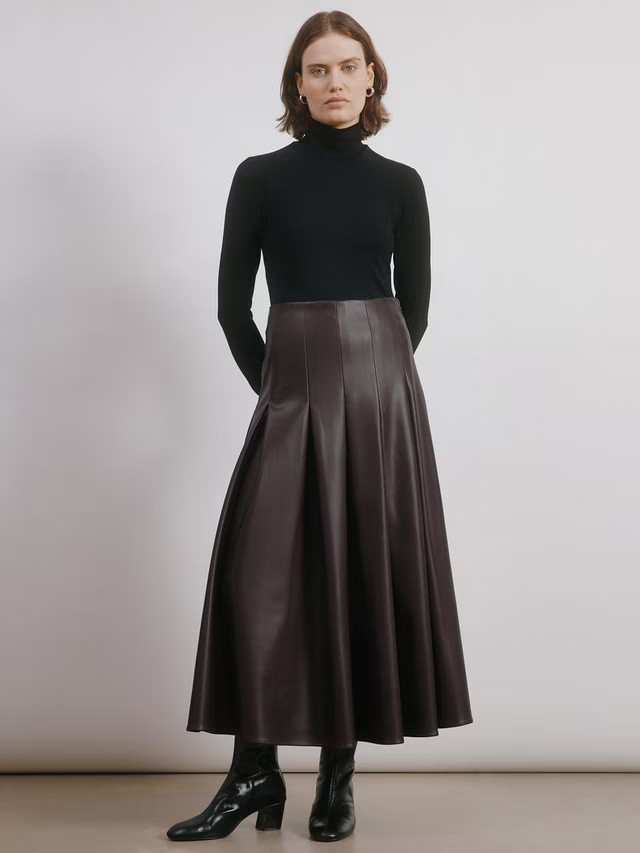 Albaray Pleated Faux Leather Midi Skirt, Chocolate | John Lewis (UK)