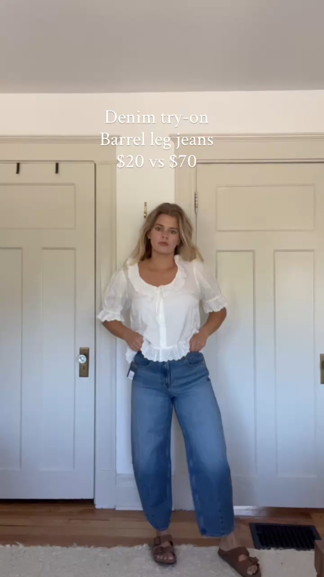 Trying on jeans from target! $20 universal thread barrel leg vs $70 Levi’s!  Can you tell which is which? Help me decide which to keep 
