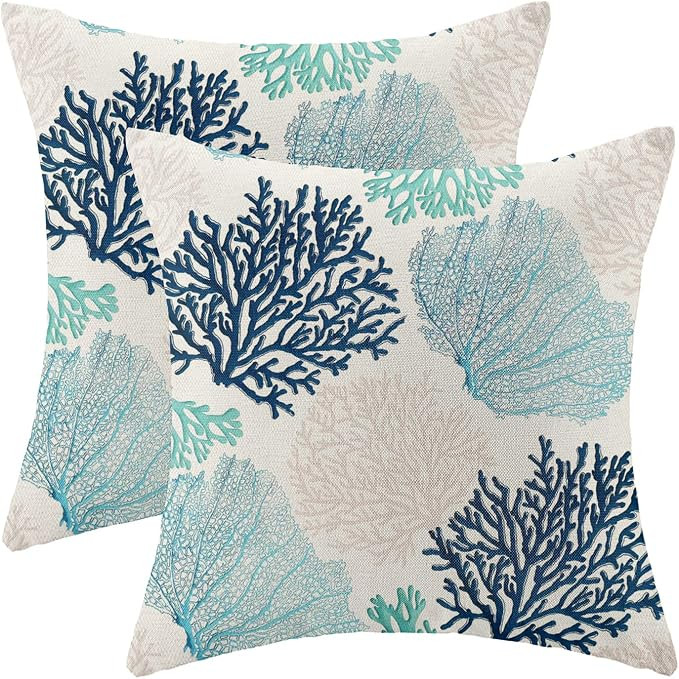 Coastal Pillow Covers 18x18 Inch Set of 2 Coral Branch Ocean Themed Beach Decor Throw Pillows Tur... | Amazon (US)