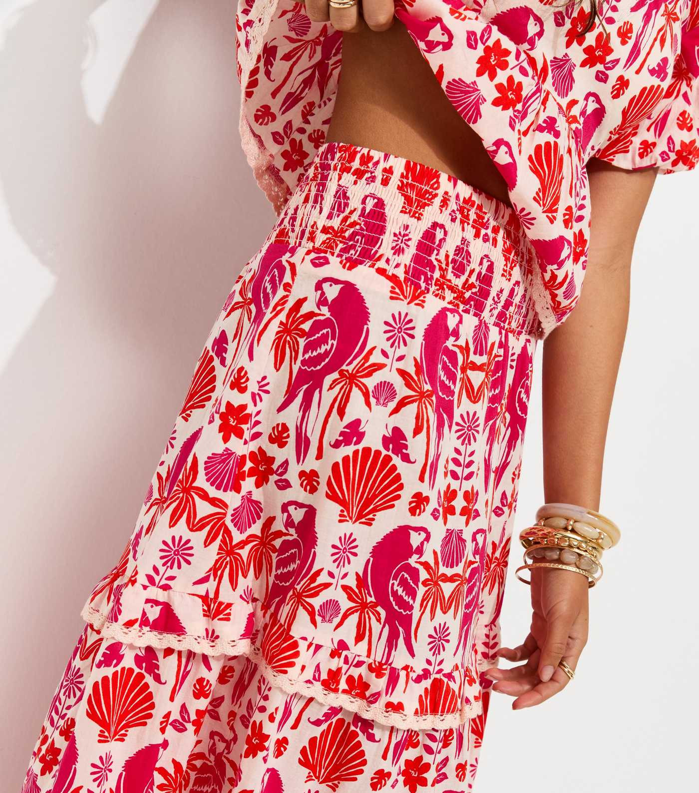 Pink Cotton Parrot Shell Print Tiered Shirred Midi Skirt | New Look | New Look (UK)