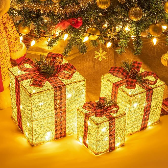 Sunnyglade 10"-8"-6" Set of 3 Christmas Lighted Gift Boxes Decoration Boxes with Plug, Bows, Arti... | Amazon (US)