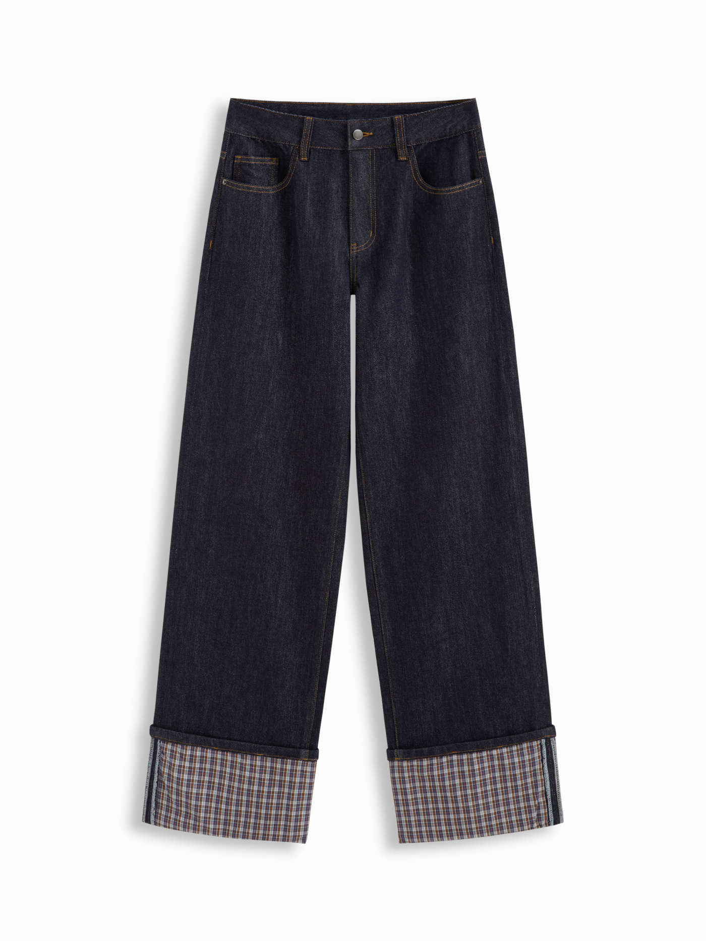 Cider Stretch Denim Mid Rise Plaid Roll Hem Straight Leg Jeans | Cider