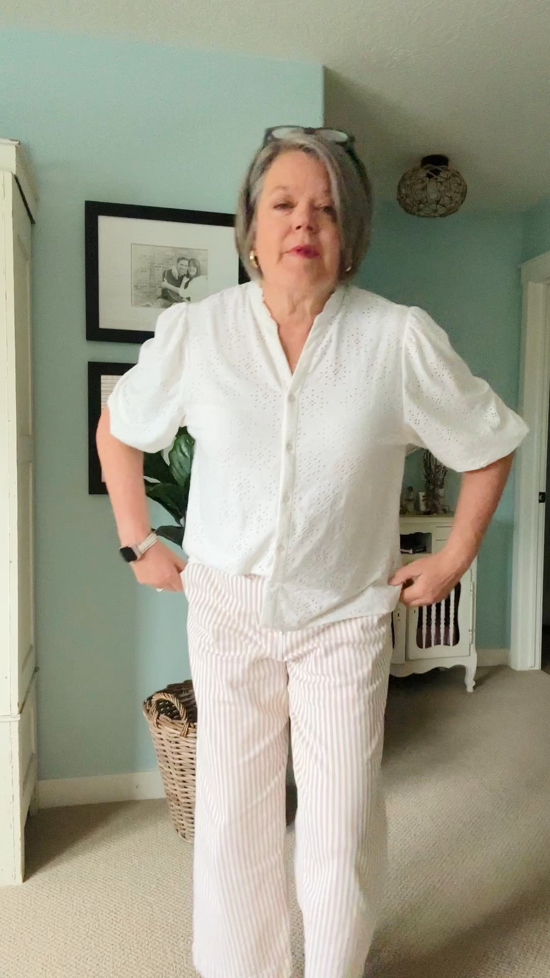 Neutral spring #ootd lacy white top that I could wear everyday! Darling cotton cream and tan striped pants that fit perfectly! Top it off with a quilted tan sweatshirt that zips up the front and has drawstring at the waist. So flattering! @stitchfix #stitchfix #fashionforwomenover50

#LTKMothersDay #LTKootd