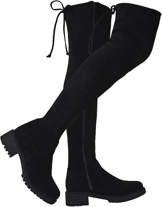 TINSTREE Women's Suede Over The Knee Boots Round Toe Side Zipper Flat Booties Thigh High Boots | Amazon (US)