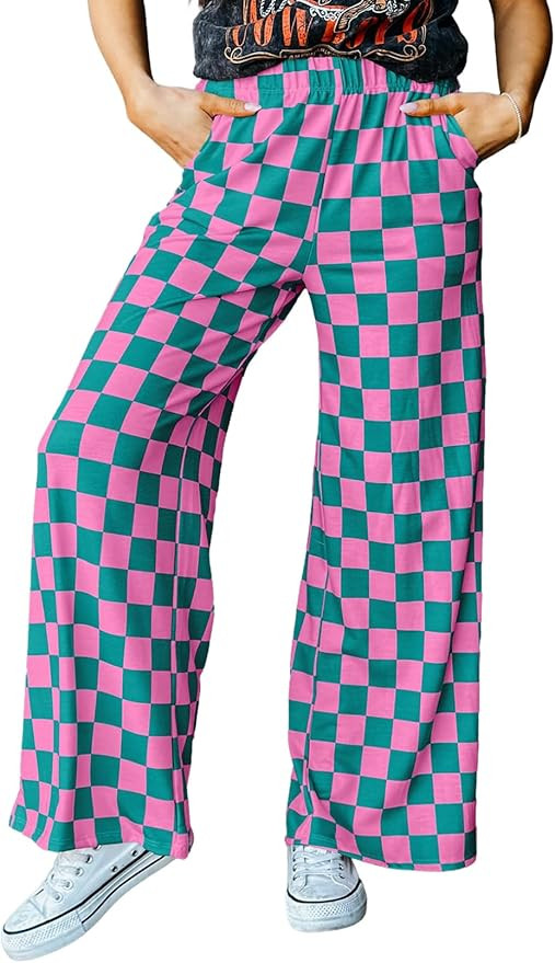Acelitt Womens Casual Checkered Pants Elastic Waist Comfy Loose Wide Leg Pants with Pockets | Amazon (US)