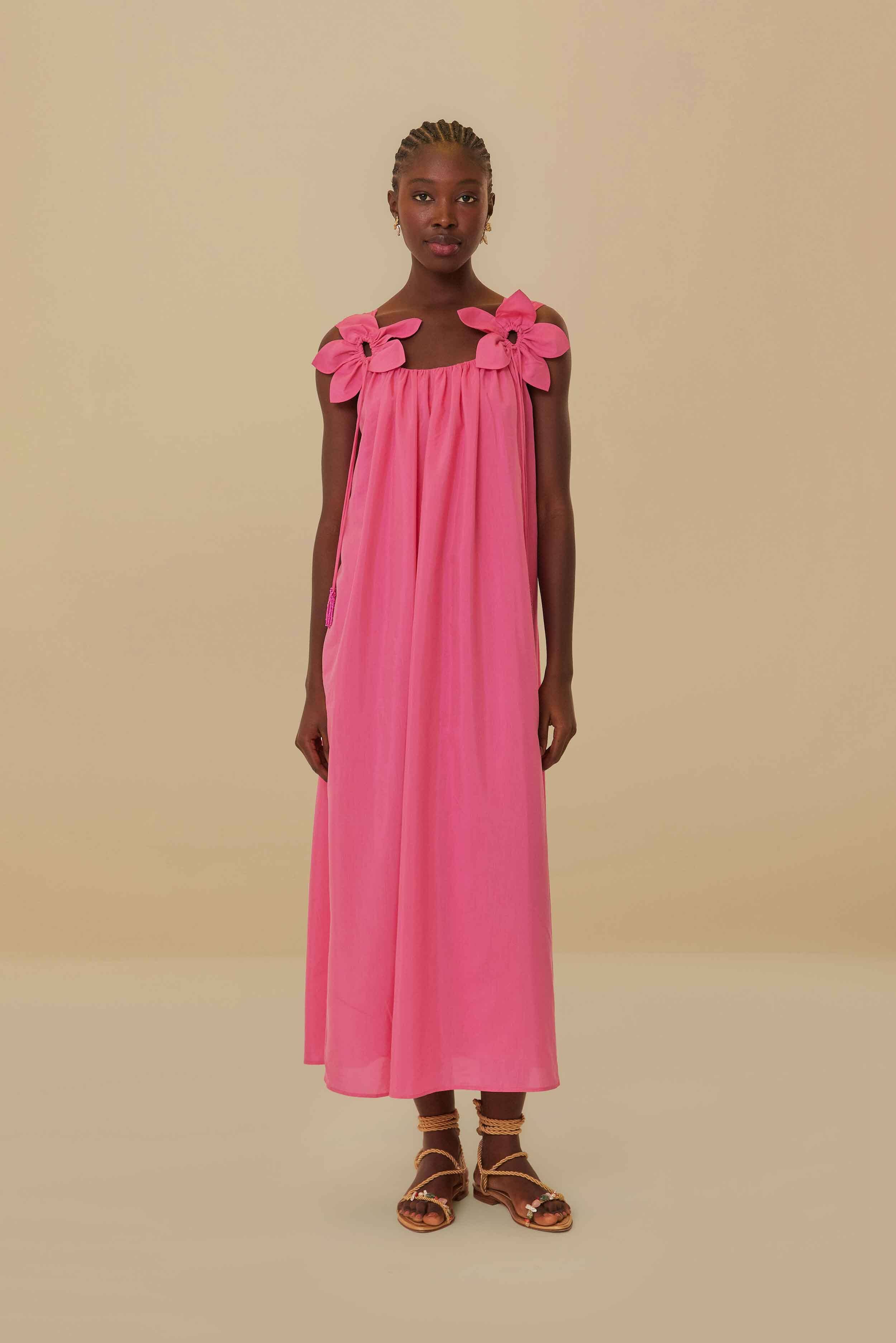 Pink Floral Details Sleeveless Midi Dress | FarmRio