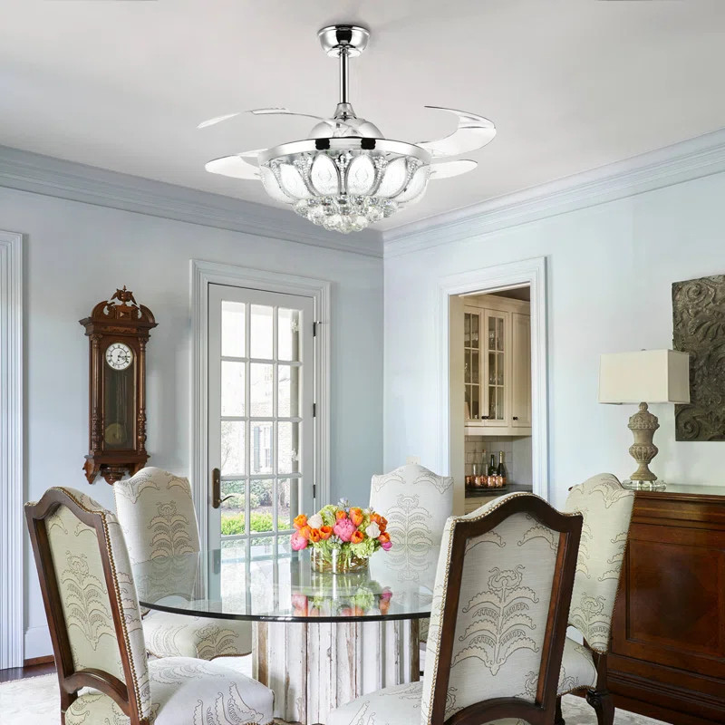 Crystal Ceiling Fan With Lights Invisible Reversible Fan With Remote Led Dimmable Chandelier Fan ... | Wayfair Professional