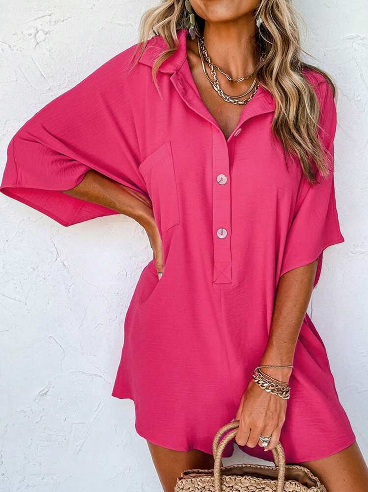 Astylish Mono Holgado De Verano Con Botones En El Cuello, Mangas Cortas Y Bolsillos Para Mujeres | SHEIN