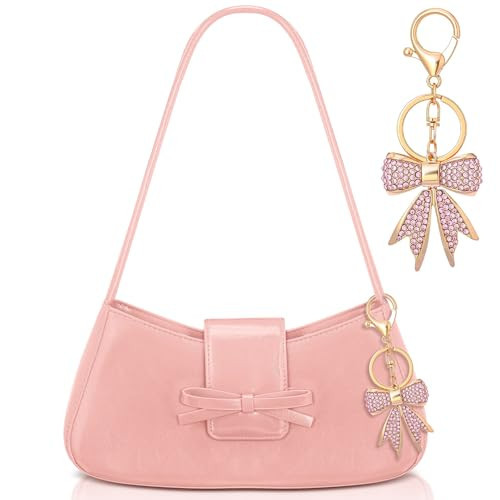Abbylike Bow Shoulder Bag for Women with Rhinestone Bow Charm Handbag Y2k Purse Leather Clutch Cute for Valentine's Day Gift(Pink) | Amazon (US)