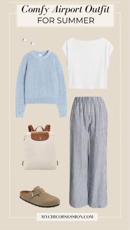 The striped design on these linen pants is perfect for the summer time, adding some personality and style to your travel outfit. Pair them with an elevated white tee, a light blue sweater, and a canvas backpack. As for shoes, clogs make for the perfect pair to slip on and off easily. 

#LTKstyletip #LTKSeasonal #LTKtravel