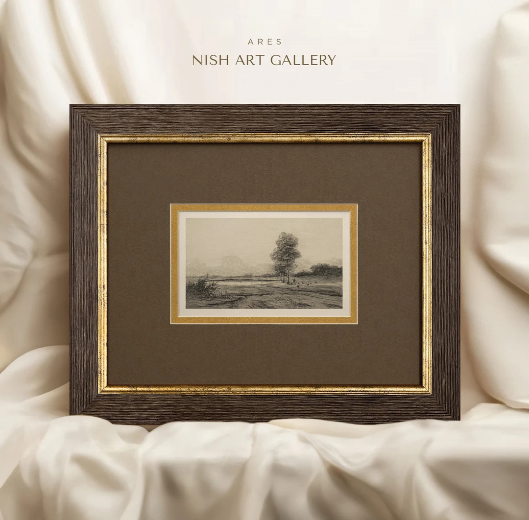 Framed Art With Double Matte, Vintage Landscape Sketch Art Print, Gold Framed Wall Art, Brown Gol... | Etsy (US)