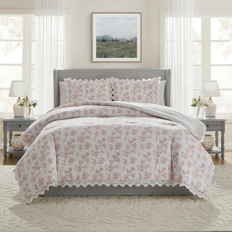 My Texas House Hum Eyelet 3-Piece Pink Floral Cotton Comforter Set, Full/Queen | Walmart (US)