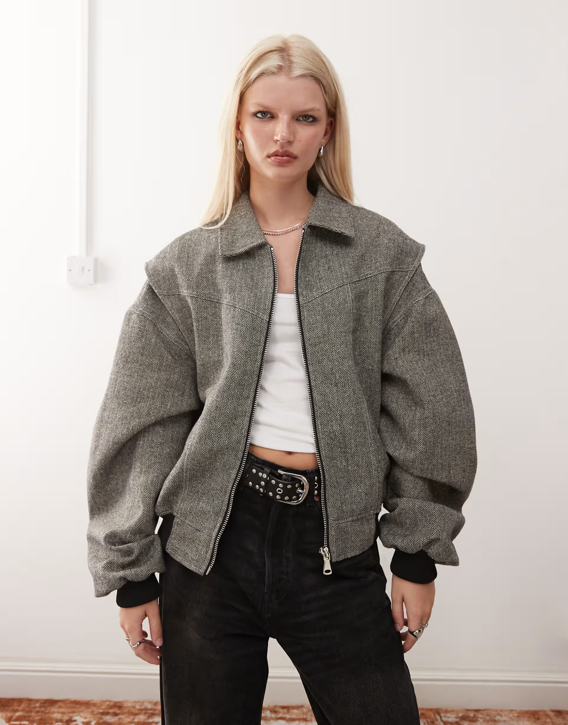 Lioness Exclusive Vista contrast stitch bomber jacket in ash tweed | ASOS | ASOS (Global)