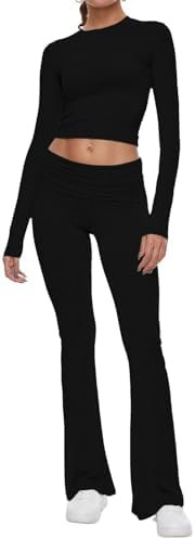 AnotherChill Women's 2 Piece Lounge Sets Fold-over Flare Pants Set Long Sleeve Cropped Top Casual... | Amazon (US)
