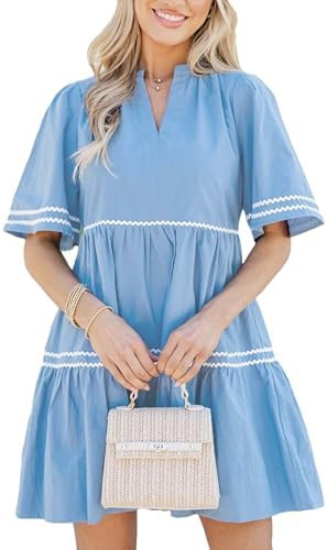 Bozanly Womens 2026 Summer V Neck Wave Trim Mini Dress Boho Short Sleeve Cotton Flowy Tiered Sund... | Amazon (US)