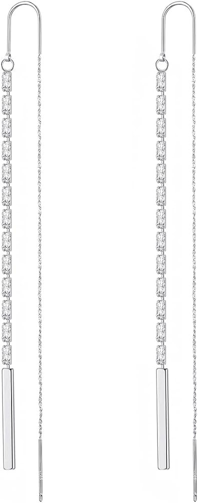 Threader Earrings for Women 925 Sterling Silver Plated Cubic Zirconia Long Dangle Drop Earrings f... | Amazon (US)