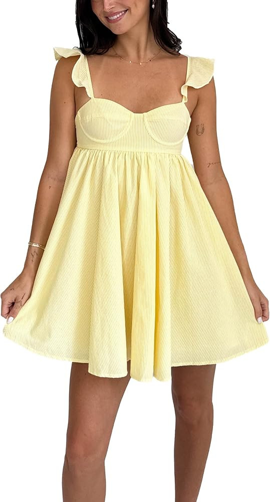 Women's Y2k Floral Print Mini Dress Bow Tie Shoulder Ruffle Babydoll A-Line Sundress Summer Going... | Amazon (US)