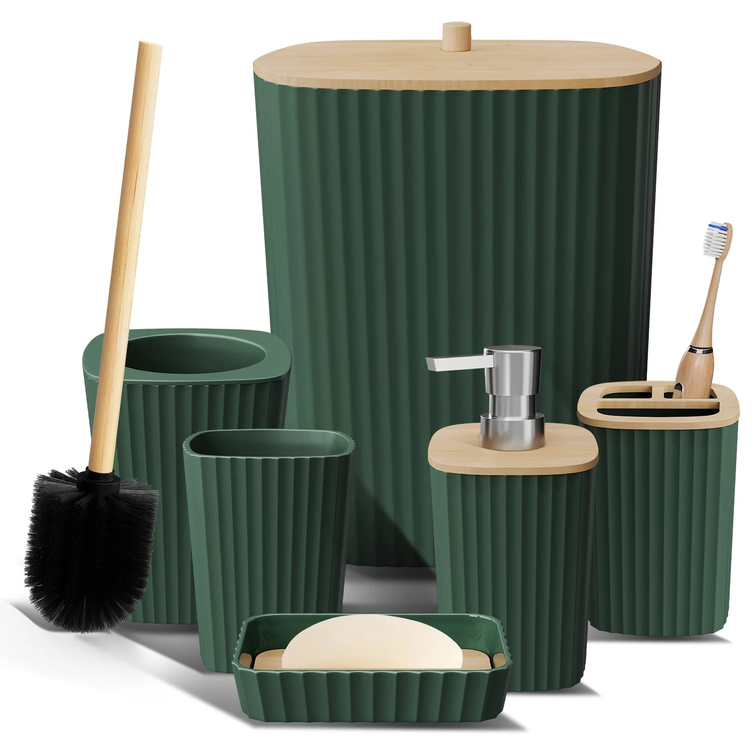 Virtu 6 Piece Bamboo Bathroom Sets, Hunter Green Bathroom Accessories Set for Minimalistic Bathro... | Walmart (US)