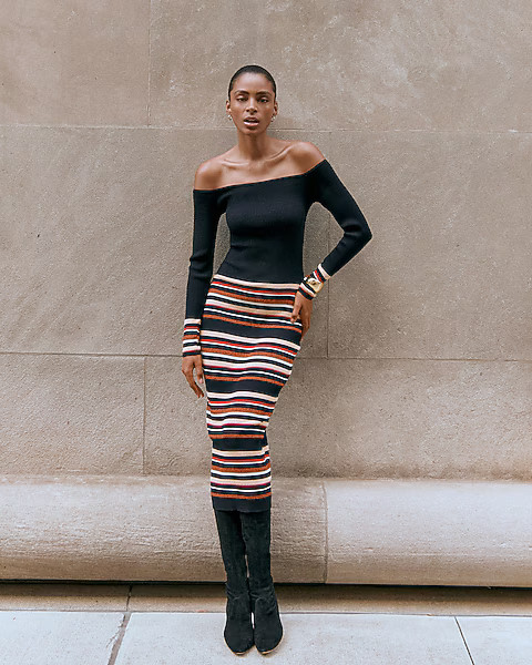 Striped Off The Shoulder Long Sleeve Maxi Sweater Dress | Express