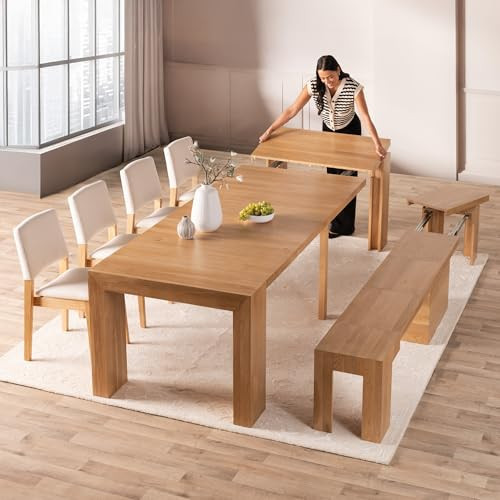 Transformer Table Expandable Dining Table Set for 4 to 12, Kitchen Table and Chairs Set of 4 & Dining Bench, Extendable Dining Room Table with Extending Table Panels, Stackable Chairs & Wood Bench | Amazon (US)