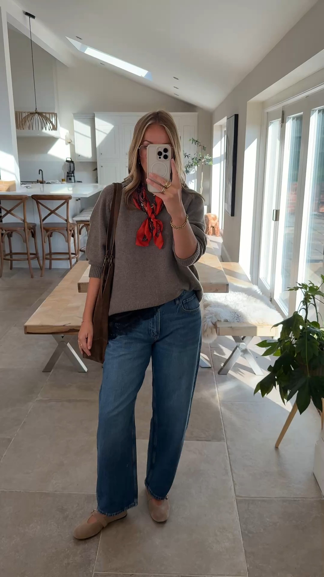 Adding a few accessories to my simple outfit 
- print neck scarf 
- suede slouch bag 
-suede Mary Jane’s 
- lace layer 

#LTKautumn #LTKjeans #LTKuk