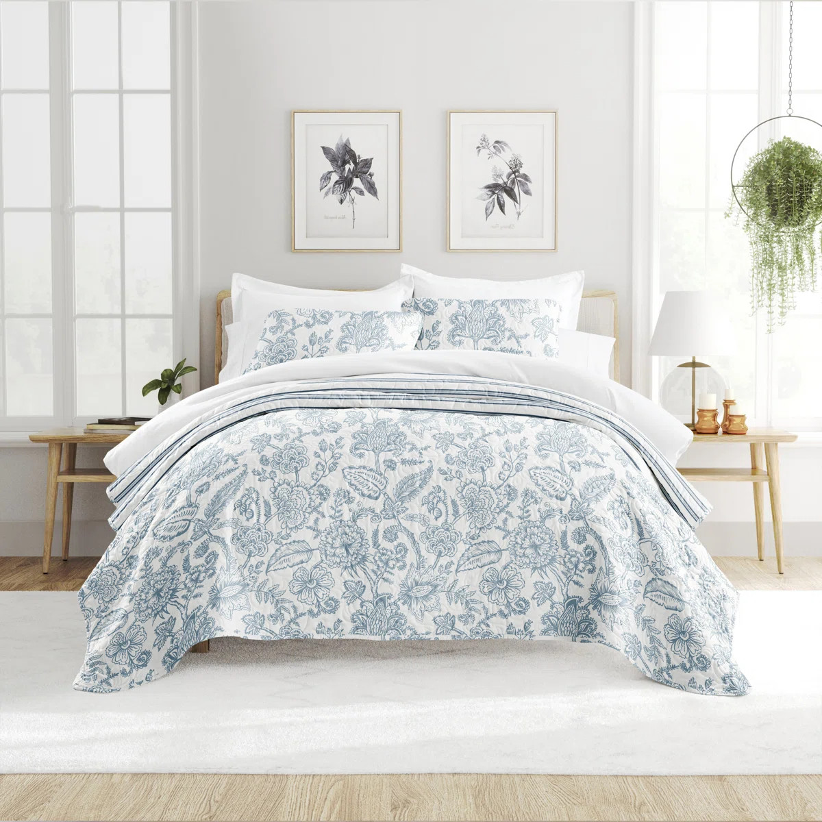 Becky Cameron Dusk Blue Floral Stripe Reversible Quilt Set | Wayfair North America
