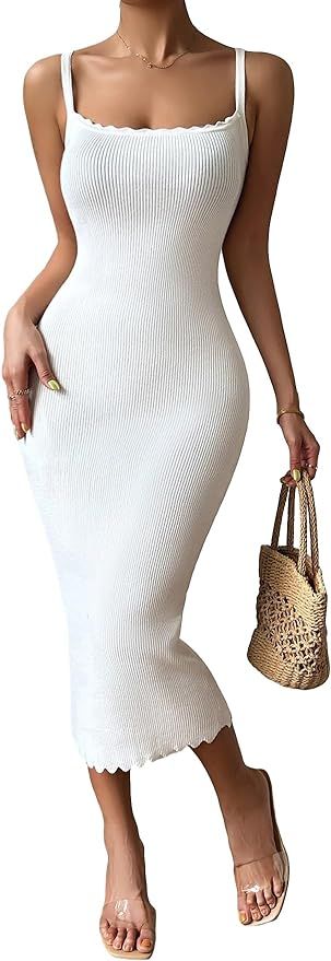 Cozyease Women's Ribbed Knit Sleeveless Frill Trim Bodycon Midi Dresses Solid Dress | Amazon (US)
