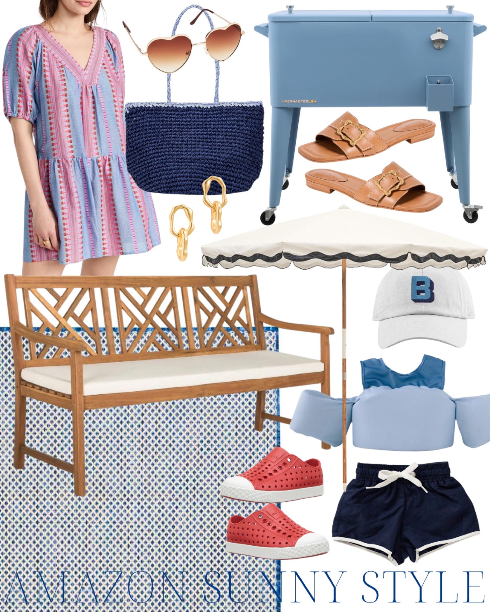 Memorial Day style, Fourth of July style, patriotic, outdoor entertaining, outdoor decor, toddler boy swim, Americana, red white and blue dress, poolside, pool furniture, outdoor bench, summer outfit, travel outfit, white dress, sandals, swimsuit, wedding guest dress, Amazon finds, Amazon favorites, classic home, traditional home, grandmillennial home, coastal home, coastal grand, southern home, southern style, classic style, preppy style 