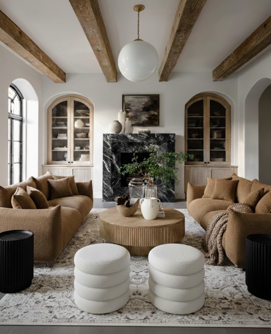 A moody yet cozy living room that balances warmth and contrast beautifully. The black marble fireplace serves as a bold focal point, framed by arched oak built-ins that bring natural texture and timeless charm. Layered camel brown curved sofas and bouclé ottomans create inviting seating, while the fluted round wood coffee table anchors the space with sculptural detail. Finished with neutral ceramic vases, a vintage-inspired rug, and a large globe pendant light, this space feels both modern and organic.
 Shop the look:
Black marble fireplace | Arched oak built-ins | Bouclé ottomans | Fluted round coffee table | Camel brown sofa | Vintage patterned area rug | Globe pendant light | Ceramic vases | Cozy knit throw | Modern black accent tables 

#LTKFindsUnder100 #LTKHome #LTKSaleAlert