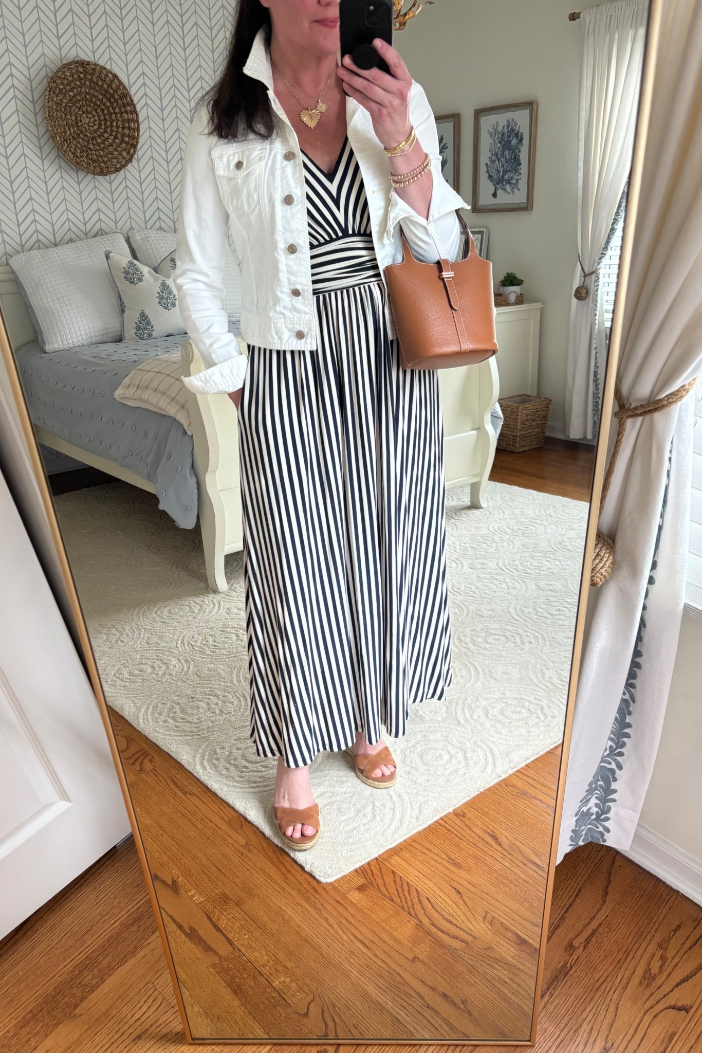 This cotton jersey navy stripe dress is a must have! So comfortable and stretchy, has pockets and travels well! $170. Wear alone, or pair with a jean jacket or cardigan. 