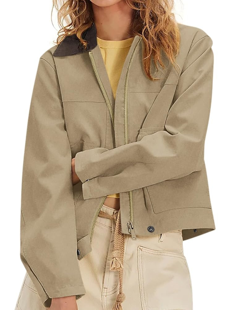 Women's Faux Suede Cropped Jacket Casual Zip Up Jackets Contrast Collar Fleece Winter Coats Outer... | Amazon (US)