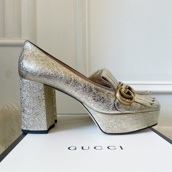 Gucci Metallic Laminate Calfskin GG Marmont Fringe Platform Loafer Pump 38 NEW | Poshmark
