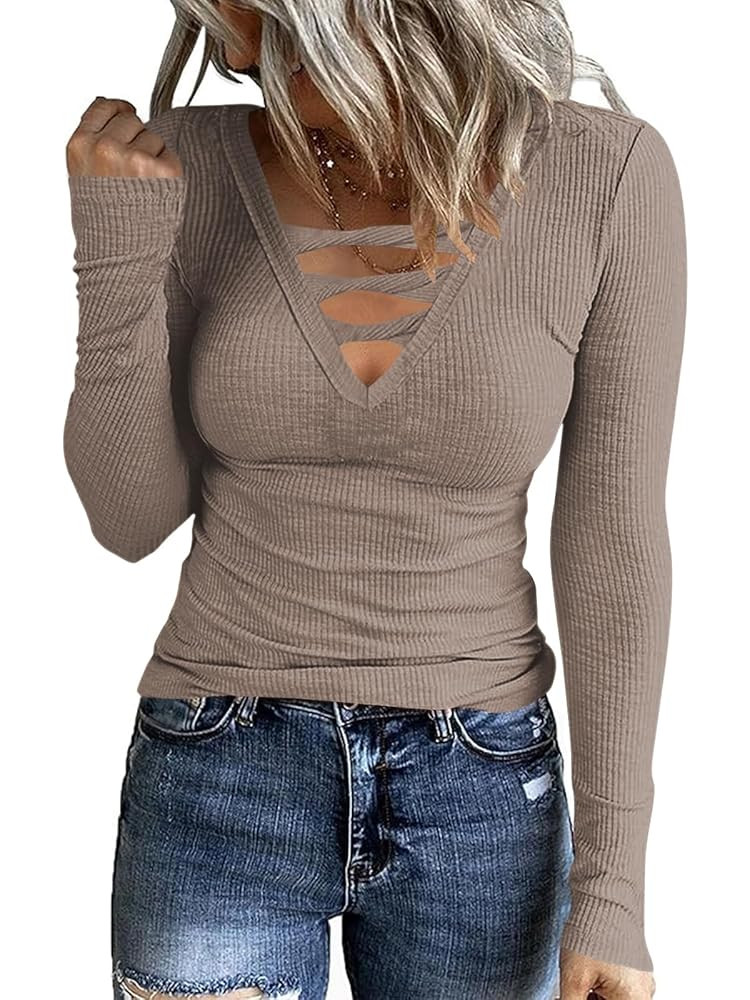 Poetsky Women's Fall Long Sleeve Tunic Tops Sexy V Neck Shirts Casual Criss Cross Ribbed Knit Tee... | Amazon (US)