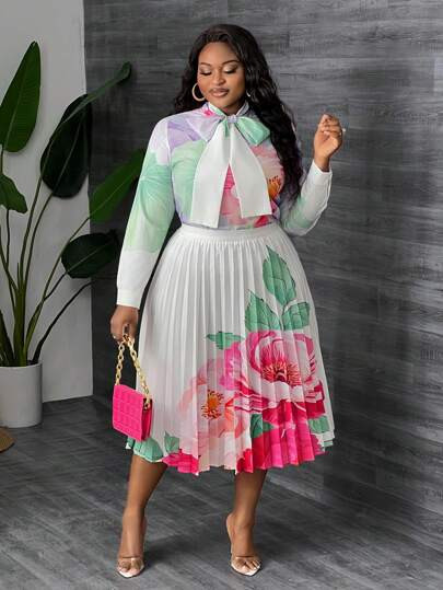 Slaydiva 2pcs/Set Plus Size Women Elegant Floral Print Blouse & Pleated A-Line Skirt Suit | SHEIN