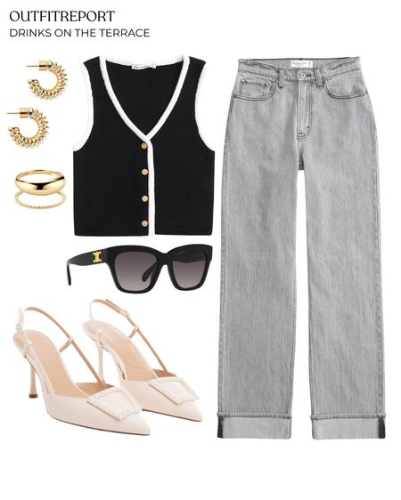 Grey denim jeans black vest top white sling backs sunglasses and gold jewellery 

#LTKsummer #LTKstyletip #LTKshoes