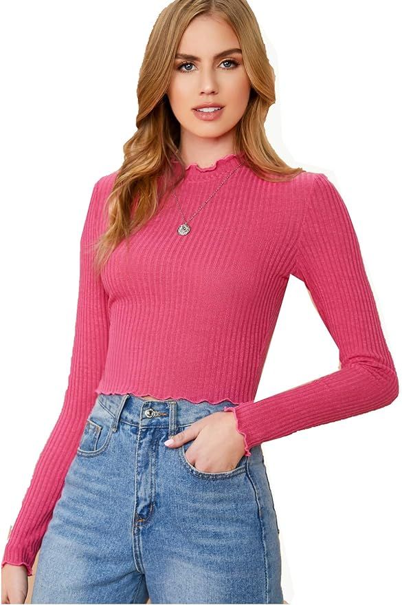 Floerns Women's Lettuce Trim Shirt Slim Fitted Long Sleeve Crop Tee Tops | Amazon (US)