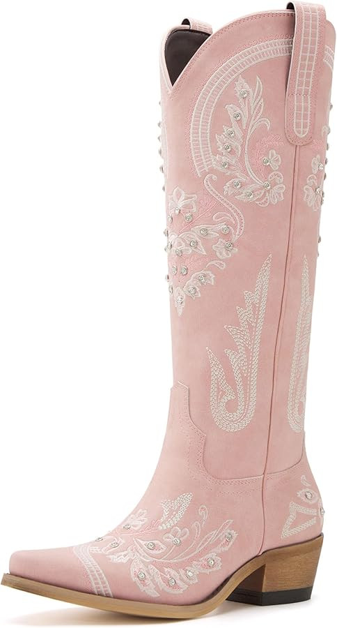 Western Cowboy Boots for Women Embroidered Rhinestones Knee High Cowgirl Boots Pointed Toe Chunky... | Amazon (US)